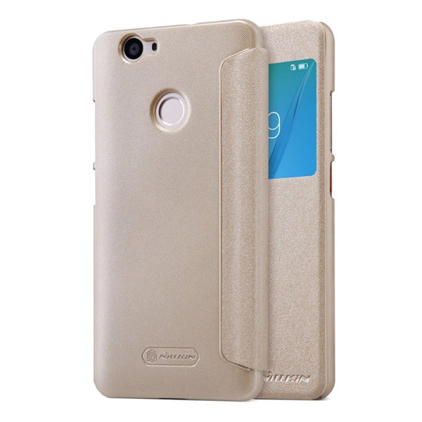 NILLKIN SPARKLE műanyag telefonvédő (mikroszálas bőr hatású aktív FLIP, oldalra nyíló, View Window) ARANY [Huawei Nova] (5996457674527)