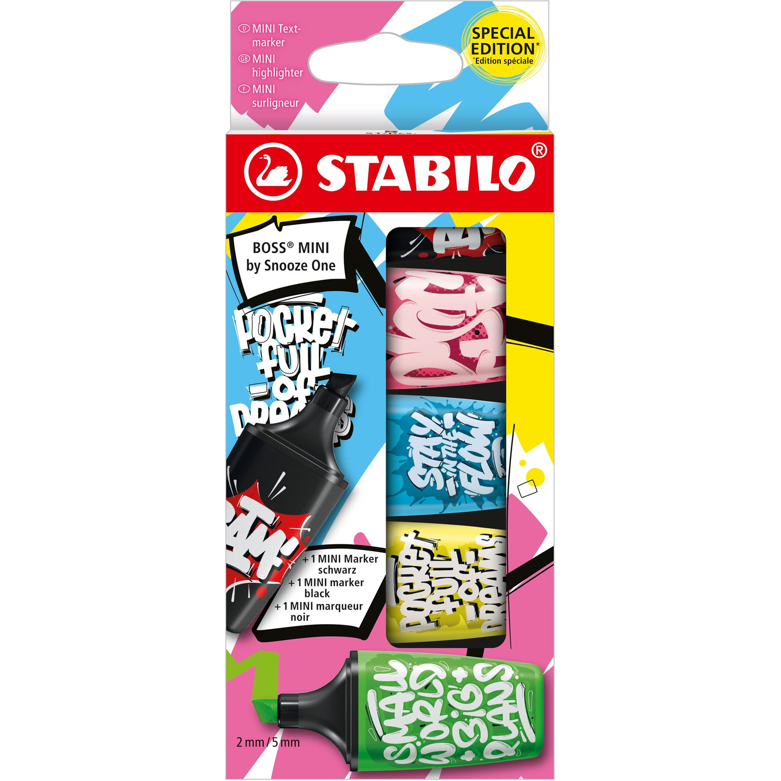 STABILO BOSS MINI by Snooze One - 5 db-os szett - rózsaszín, kék, sárga, zöld és fekete (4006381592307)