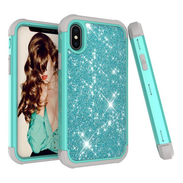 Defender műanyag telefonvédő (közepesen ütésálló, szilikon belső, műanyag keret, flitteres) CYAN [Apple iPhone XS Max 6.5] (5996457829811)