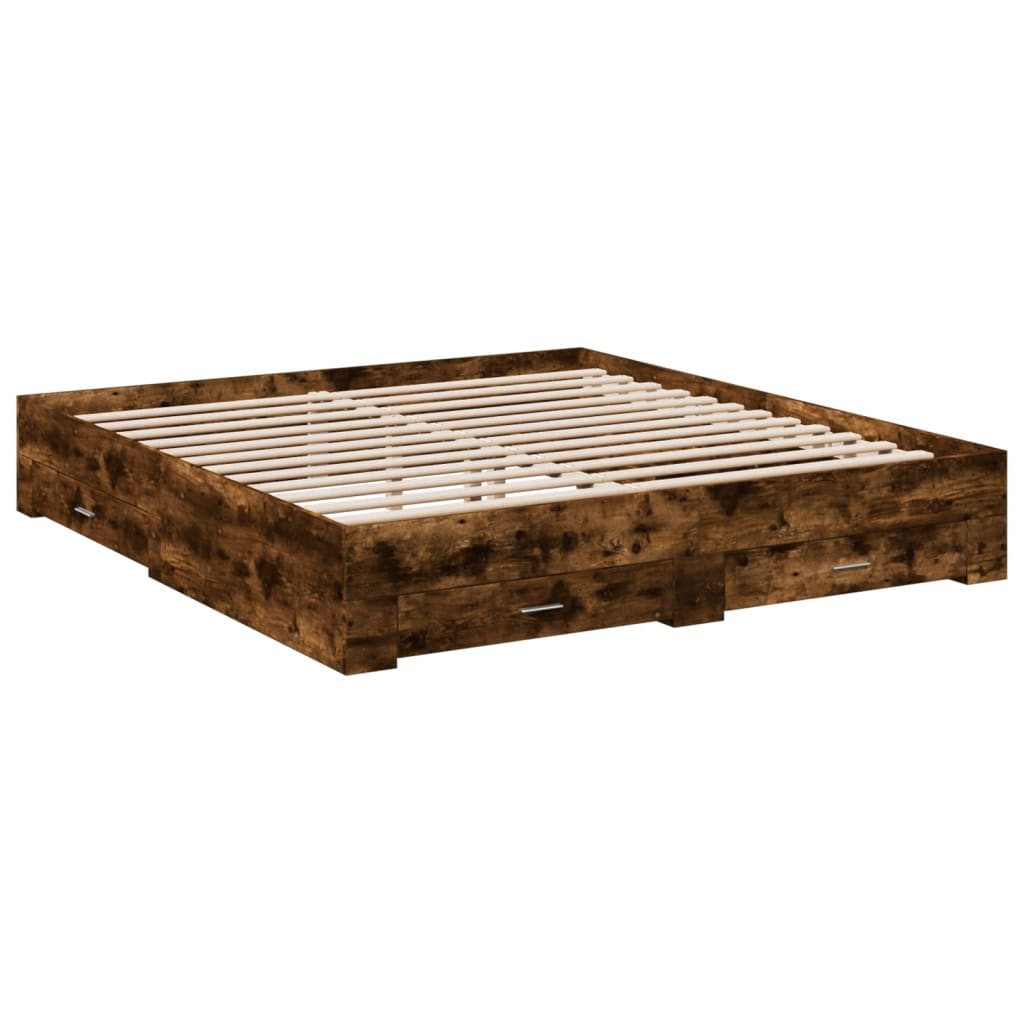 füstös tölgyszínű szerelt fa ágykeret fiókokkal 200 x 200 cm (3280360)