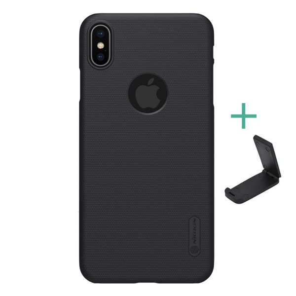 NILLKIN SUPER FROSTED műanyag telefonvédő (gumírozott, érdes felület, logo kivágás + asztali tartó) FEKETE [Apple iPhone XS Max 6.5] (5996457808779)