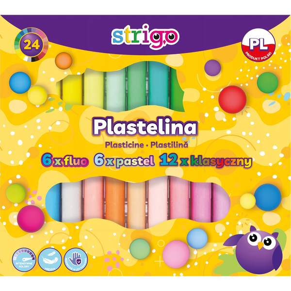  Strigo Plastelina STRIGO, 24 kolorów ( 6 fluorescencyjnych,  6 pastelowych, 12 klasycznych)