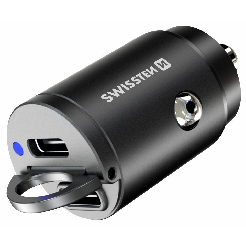 Swissten 20111800 2x USB-C Szivargyújtós töltő 30W - Fekete (20111800)