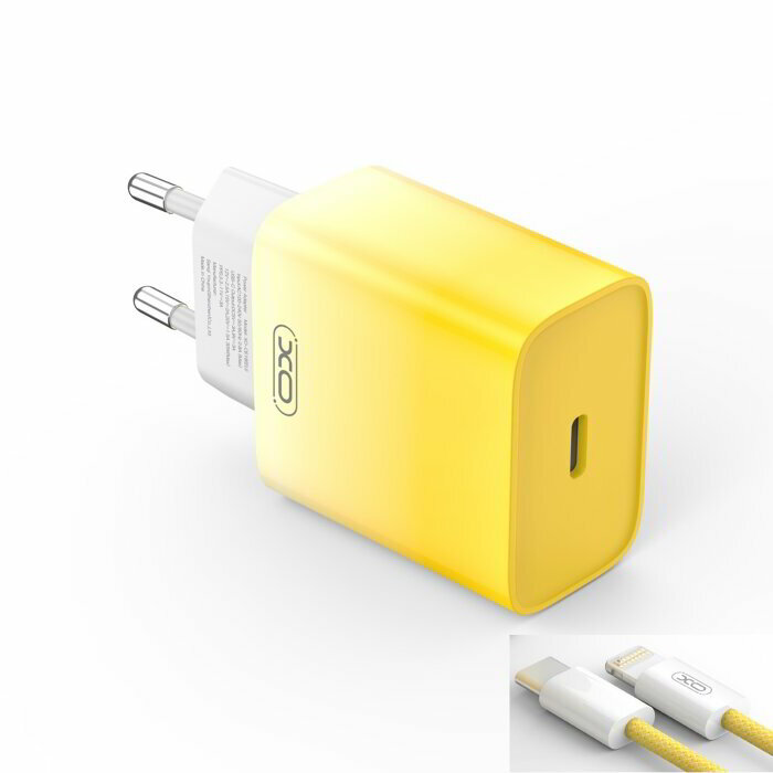 XO CE18 USB-C Hálózati töltő + USB-C/Lightning kábel - Sárga (30W) (CE18 USB-C-LIGHTNING-SÁRGA)