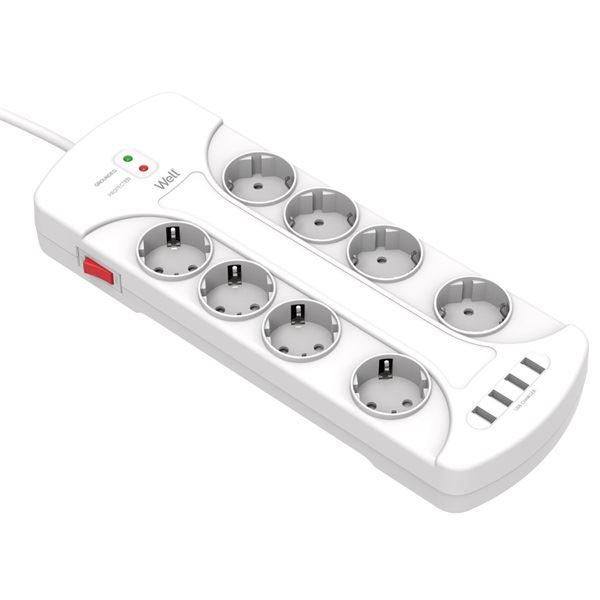 Разклонител Well със защита, 8 гнезда, 4 USB порта, 3 м, Кабел 3 x 1,5 мм, Бял