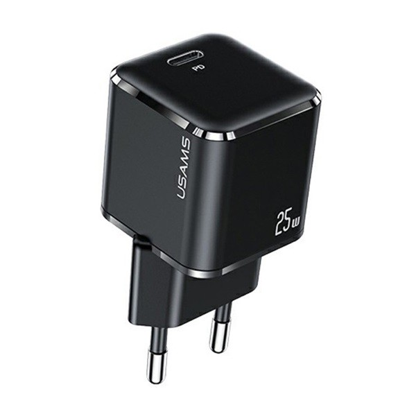 USAMS T42 hálózati töltő Type-C aljzat (5V / 3000 mA, 25W, PD gyorstöltés támogatás) FEKETE (CC140_B) (CC140_B)