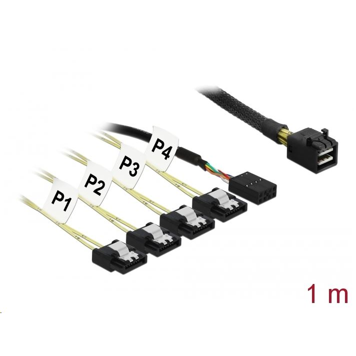 Delock Mini SAS HD SFF-8643 > 4 x 7 tus SATA fordított + oldalsáv, 1 m kábel (83322) (83322)