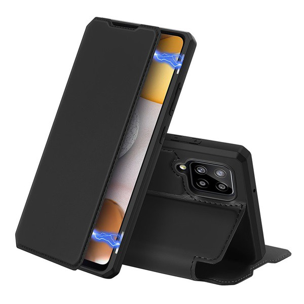 DUX DUCIS SKIN X tok álló, bőr hatású (FLIP, oldalra nyíló, asztali tartó, vezeték nélküli töltés támogatás) FEKETE [Samsung Galaxy A42 5G (SM-A425F)] (5996591078267)