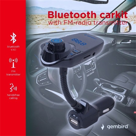FM трансмитер Gembird, 3 в 1, Bluetooth 4.1, Зарядно за кола, MP3, USB, microSD