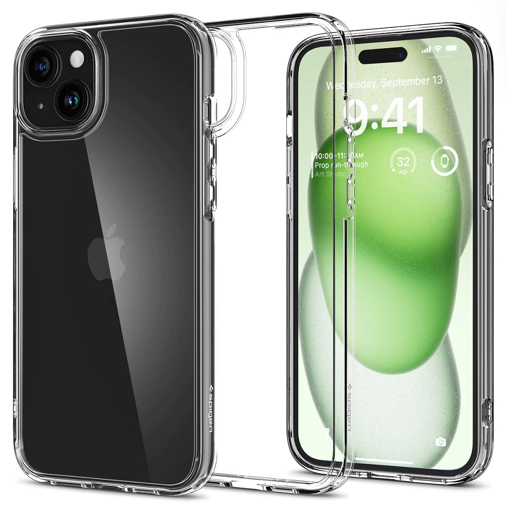 Apple iPhone 15 Plus, Műanyag hátlap védőtok + szilikon keret, Spigen Ultra Hybrid, átlátszó (8809896749923)