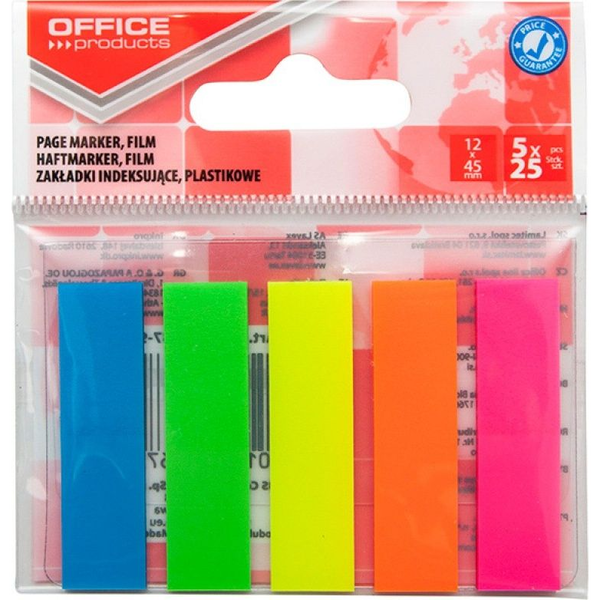  Office Products Zakładki indeksujące OFFICE PRODUCTS, standard, PP, 12x45mm, 5x25 kart., zawieszka, mix kolorów