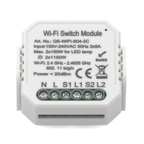 SMARTZILLA Tuya WIFI kapcsoló mögé rejthető 2 csatornás kapcsoló okosító (N) (2046401-2N) (smart20464012N)