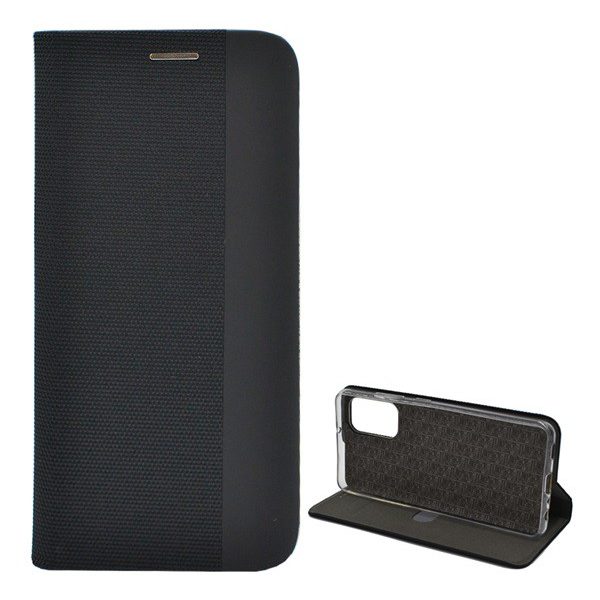 Tok álló, bőr hatású (FLIP, oldalra nyíló, asztali tartó funkció, textil minta) FEKETE [Samsung Galaxy A32 4G (SM-A325)] (5996591041353)