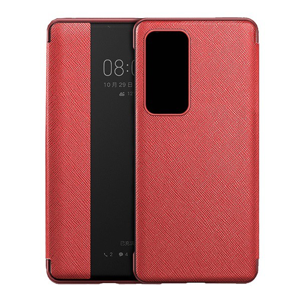 Tok álló, bőr hatású (aktív FLIP, oldalra nyíló, View Window, textil minta) PIROS [Huawei P40] (5996457967384)