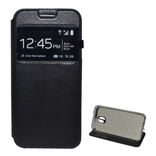 Tok álló, bőr hatású (FLIP, oldalra nyíló, hívókijelzés, asztali tartó funkció, View Window) FEKETE [Samsung Galaxy J3 (2017) SM-J330 EU] (5996457712083)