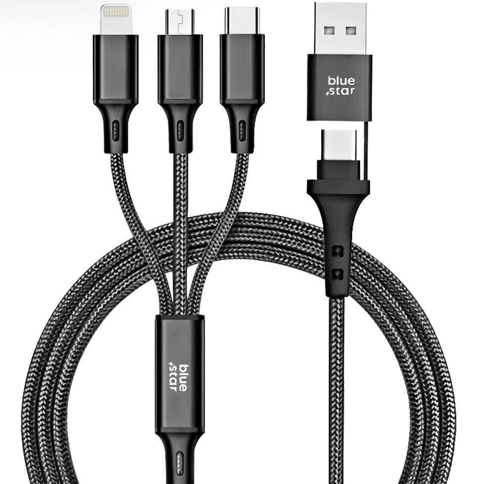 USB Type-C / USB töltő- és adatkábel 4in1, USB Type-C, Lightning, microUSB, 120 cm, 2400 mA, 12W, törésgátlóval, cipőfűző minta, Blue Star C172, fekete (5903396305931)