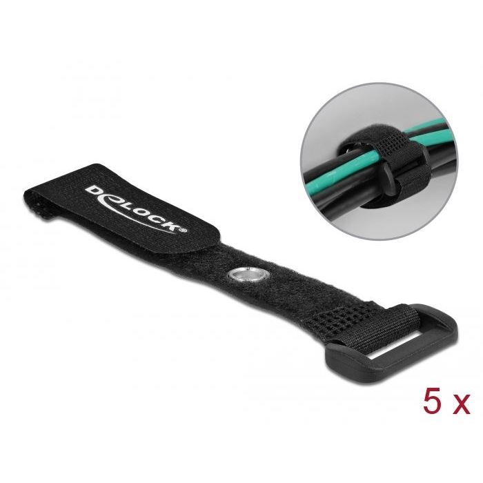 Delock befűzős kábelkötegelő tépőzárral és szorító karikával 150X20mm 5db fekete (19537) (DE19537)