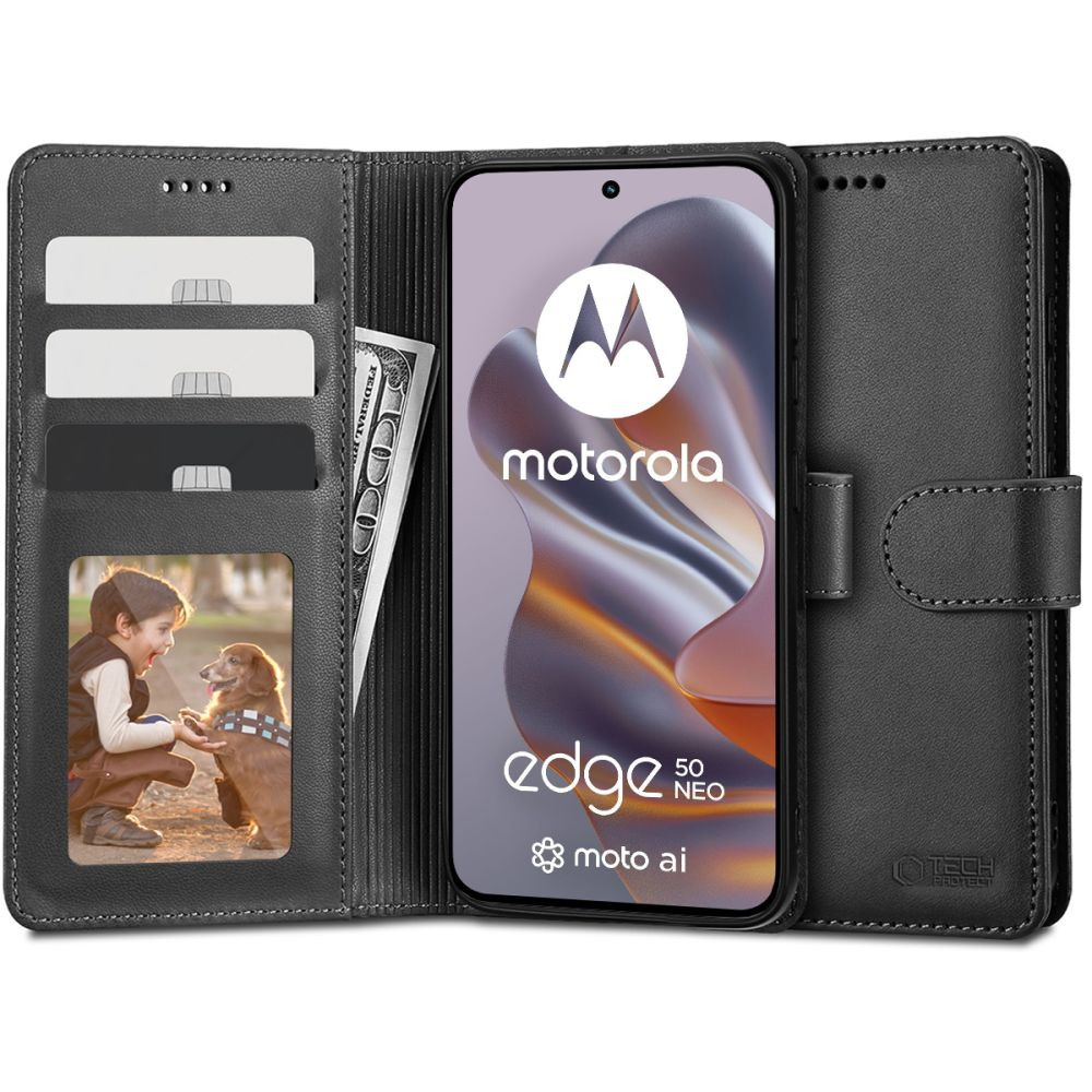 Motorola Edge 50 Neo, Oldalra nyíló tok, stand, mágnes csattal, TP Wallett, fekete (5906302371402)