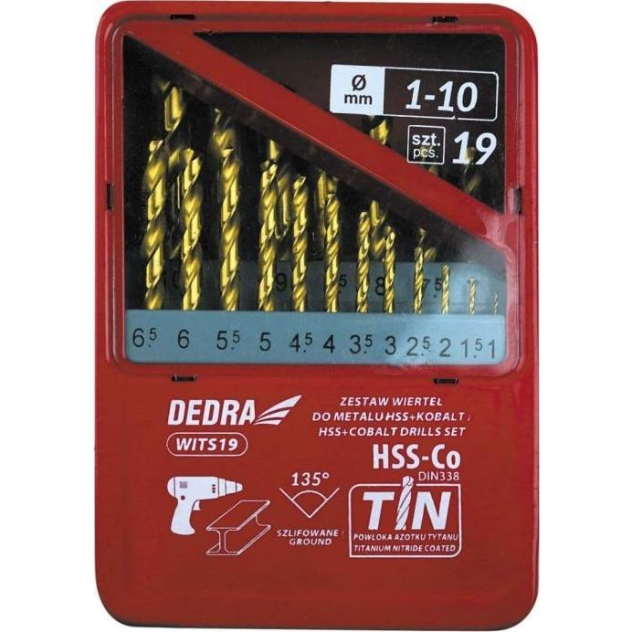 DEDRA WITS19 Fúrószár Készlet - 19 db-os, Fémhez, HSS+Kobalt+TiN, 135°, 1-10 mm (WITS19)