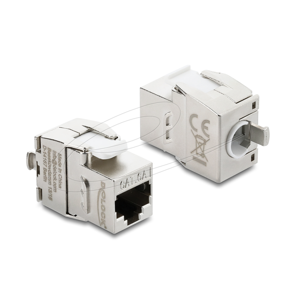 Delock Keystone modul RJ45 aljzat LSA-ra Cat.6A, szerszám nélküli, árnyékolt, fém, ezüst / fehér