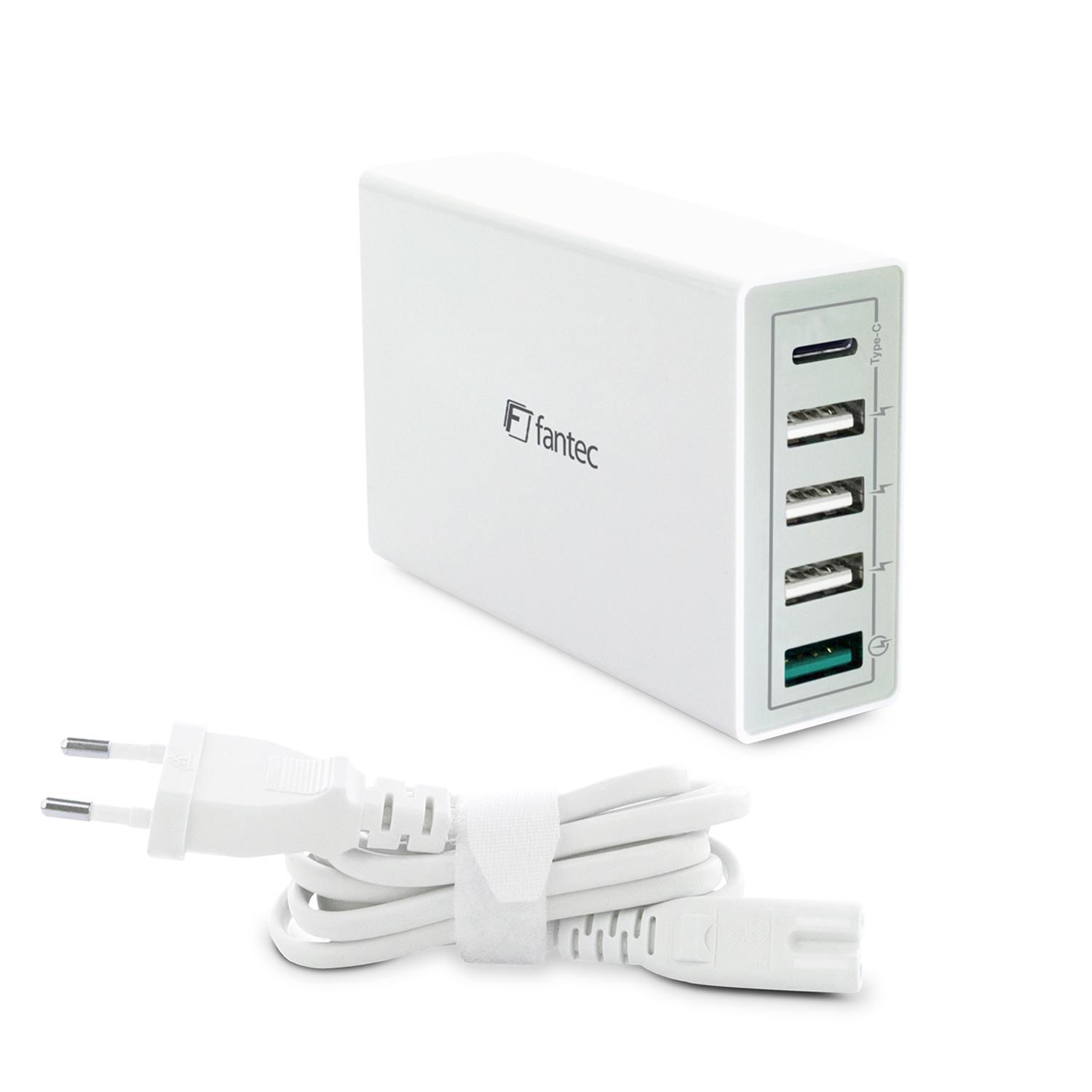 Fantec QC3-A51 USB-C / 4x USB-A Hálózati töltő - Fehér (40W) (1954)