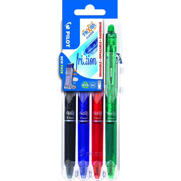 Bolígrafos borrables Pilot Frixion Clicker colores negro, azul, rojo y verde, Estuche de 4 uds