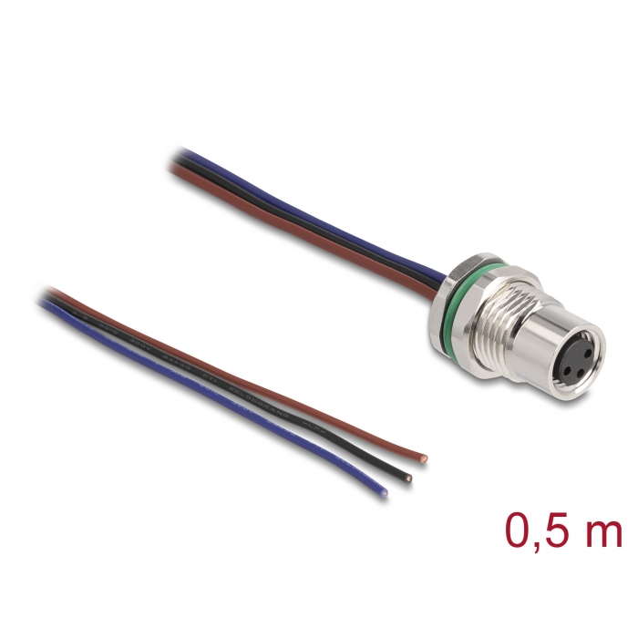 Delock M8 3 tűs anya A-kódolású, szabad kábelvégződésű panelhez 0,5 m (80146) (80146)