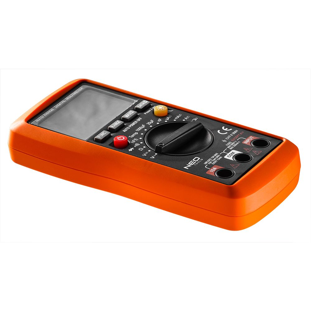 NEO Multiméter Digitális, AC V, DC V, AC A, DC A, Tranziszt., Ellenáll., Hőmér., Dióda, Folyt., Kapac (N94-001)