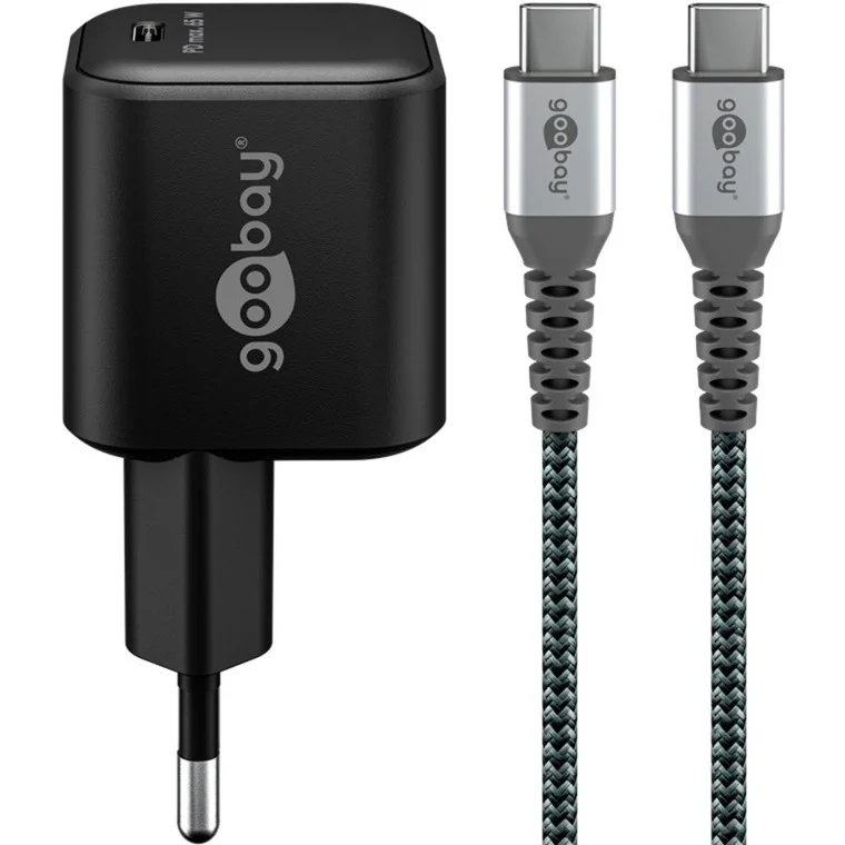 goobay 74774 USB-C Hálózati gyorstöltő textil kábellel 15-65W - Fekete (74774)