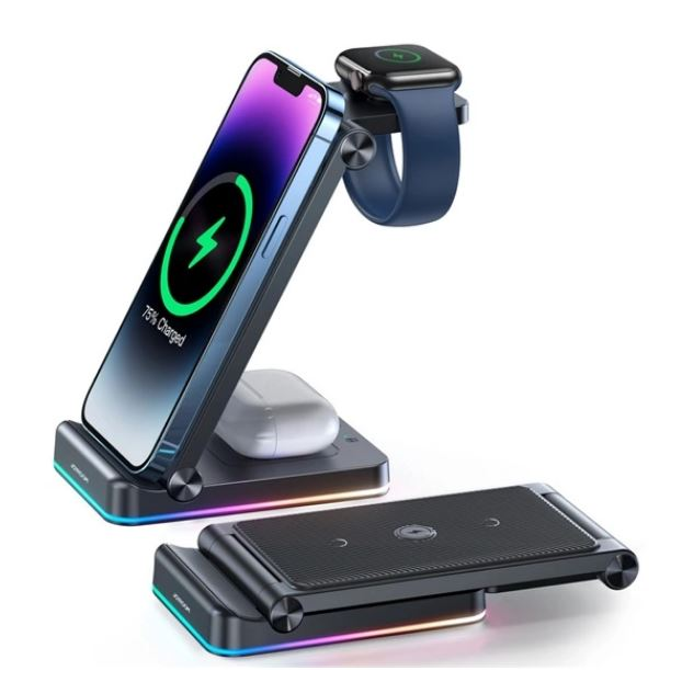 JOYROOM 3az1-ben asztali töltőállvány (25W, wireless, Airpods, Apple Watch töltő) fekete (JR-WQN01) (JR-WQN01)