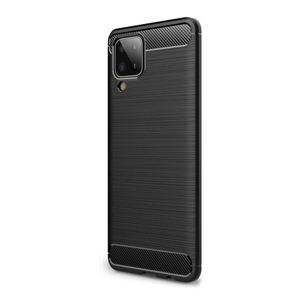 Szilikon telefonvédő (közepesen ütésálló, légpárnás sarok, szálcsiszolt, karbon minta) FEKETE [Samsung Galaxy A12 (SM-A125F / SM-A127F)] (5996591031446)