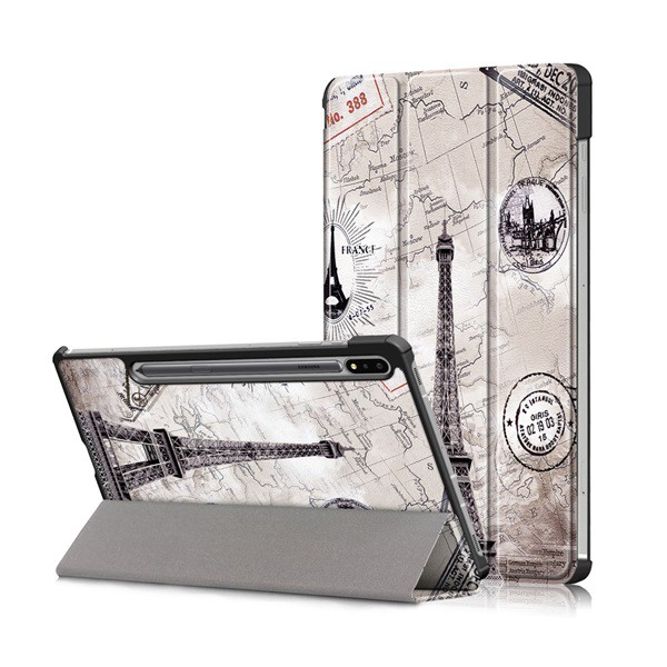 Tok álló, bőr hatású (aktív FLIP, oldalra nyíló, TRIFOLD asztali tartó funkció, Eiffel torony, térkép minta) SZÜRKE [Samsung Galaxy Tab S8 LTE (SM-X706)] (5996457992911)