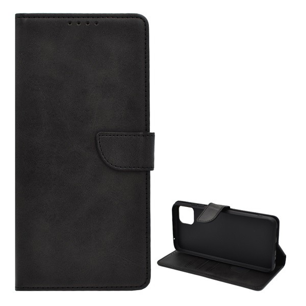 Tok álló, bőr hatású (FLIP, oldalra nyíló, asztali tartó funkció, prémium) FEKETE [Samsung Galaxy A22 5G (SM-A226)] (5996591084985)