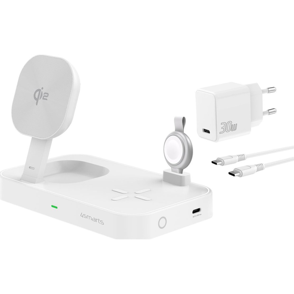 4smarts Trident Qi2 3in1 wireless töltő állomás, Type-C-Type-C kábellel, MFi gyorstöltővel, 30W, fehér