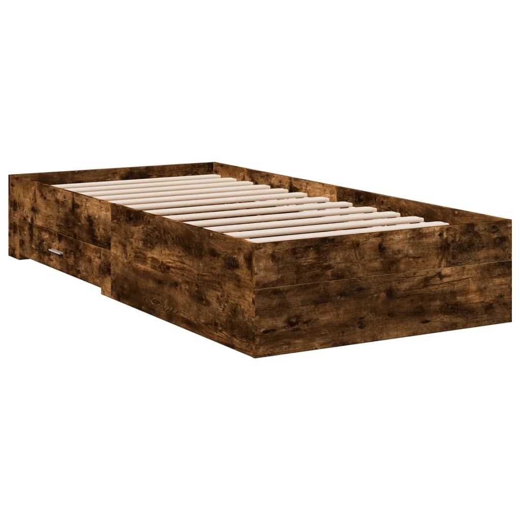 füstös tölgyszínű szerelt fa ágykeret fiókokkal 100 x 200 cm (3280423)
