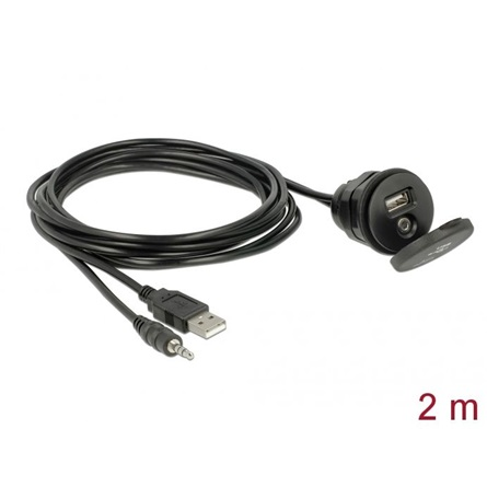 Delock kábel USB Type-A apa+3,5 mm-es 4 tűs sztereó jack apa>anya+zárókupakos USB-bemeneti csatl.ház (85719)