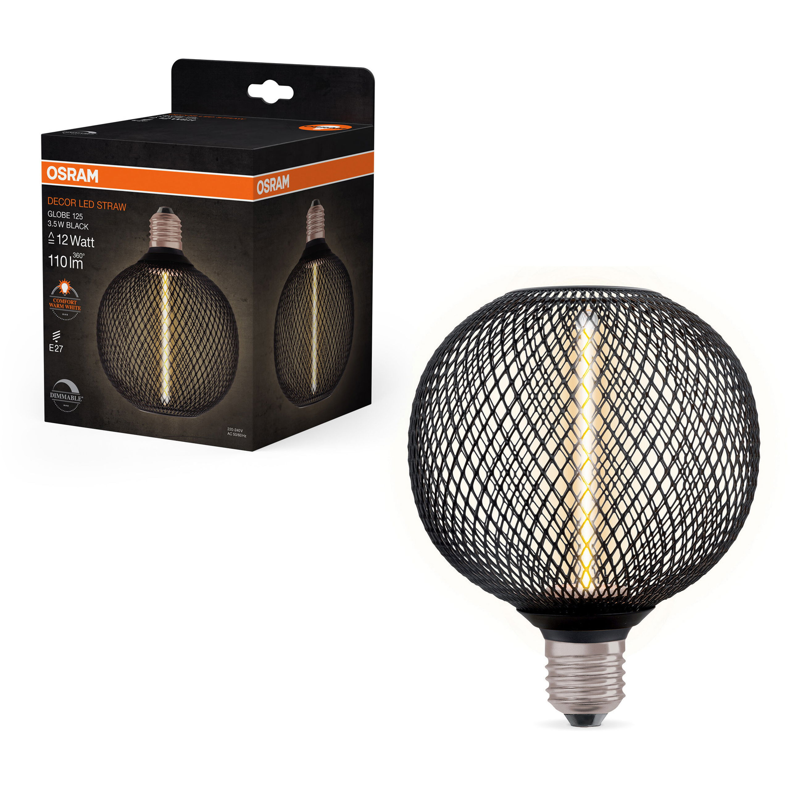 OSRAM LED izzó, szalma, E27, GLOBE BLACK, szabályozható meleg fehér (4058075840249)