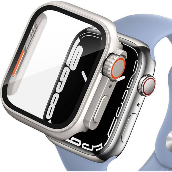 Apple Watch 4-6, SE, SE (2022), SE (2025) (44 mm), Műanyag védőkeret, kijelzővédő üveggel, szíj nélkül, TP Defense360, titán/narancs