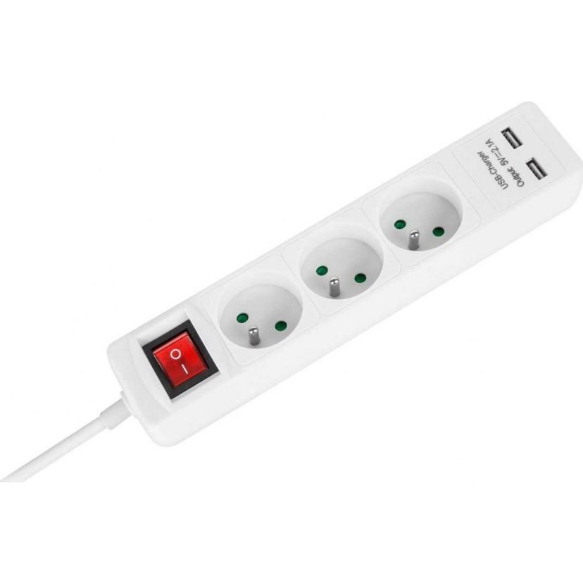 Rebel Hálózati Hosszabbító Kábel 3 Aljzat + 2 USB Aljzat, Kapcsolóval - 3 m (URZ3202-3)