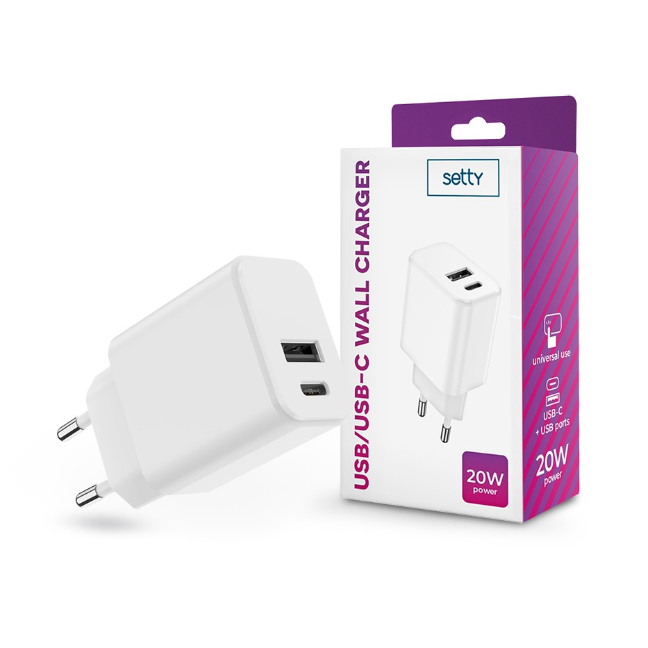 Setty hálózati töltő adapter Type-C + USB bemenettel - 20W - Setty USB/USB-C Wall Charger PD3.0 - fehér (TF-0121)