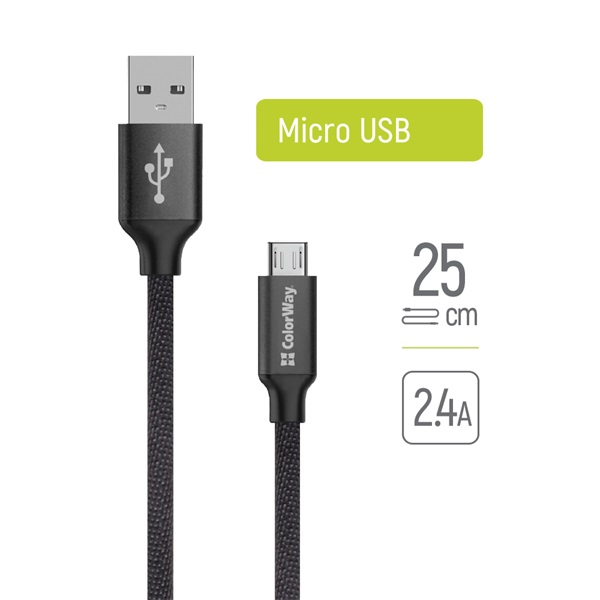 COLORWAY Kábel, USB CW-CBUM048-BK, MicroUSB 2.4A 25CM fekete (CW-CBUM048-BK)