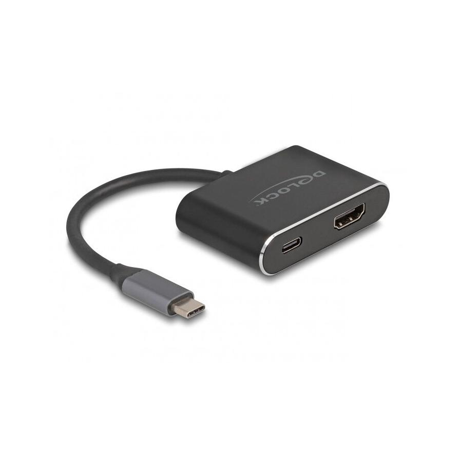 Delock USB-C -> HDMI 2.1 USB-C M/F adapter 0.1m fekete DP Alt Mode, Power Delivery 100W (64199)
