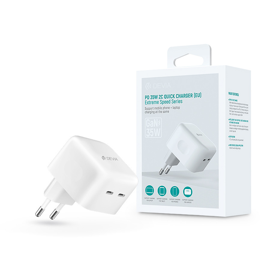 Devia GaN hálózati töltő adapter 2xType-C bemenettel - 35W - Devia Extreme Speed Series PD 35W 2C Quick Charger - white (ST366086)