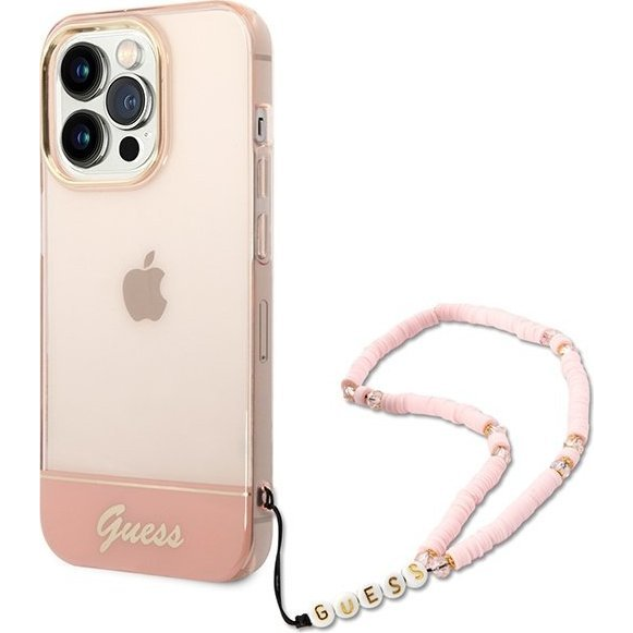 Guess Camera Outline Translucent Apple iPhone 14 Pro hátlap tok szíjjal, rózsaszín (GUE1963)