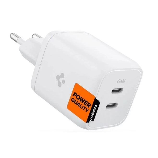 SPIGEN PE2106EU POWERARC hálózati töltő 2xUSB-C aljzat (5V/3A, 65W, GaN, PD gyorstöltő) fehér (ACH03720) (ACH03720)