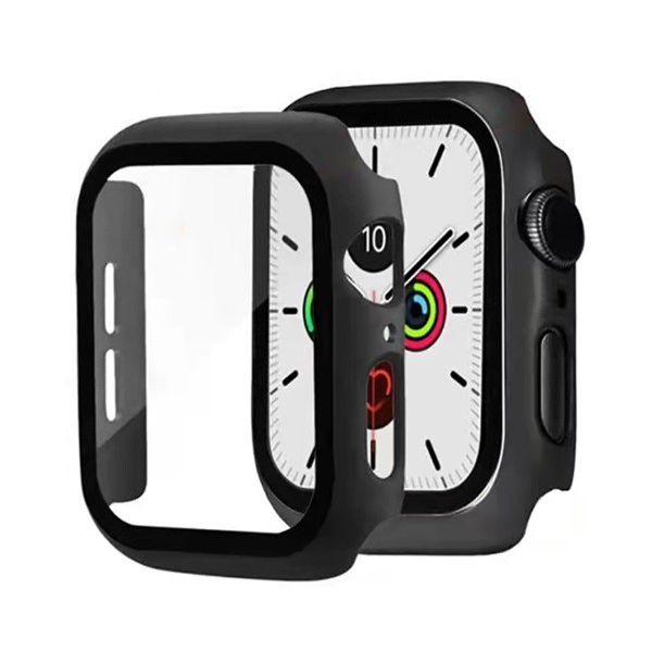 Műanyag keret (BUMPER, ütésálló + kijelzővédő üveg) FEKETE [Apple Watch Series 7 41mm]