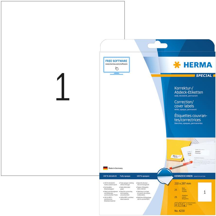 Herma 210 x 297 mm Fedőcímke tintasugaras és lézer nyomtatóhoz (25 címke / csomag) (4230)