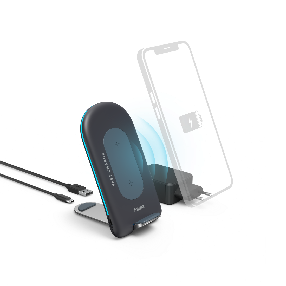 Hama QI-FC15S Okostelefon Fekete AC Vezeték nélkül tölthető Gyorstöltés Beltéri (201689)