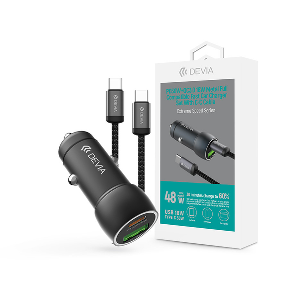 Devia Extreme Speed Series 30W PD+QC USB+Type-C autós töltő                     adapter+Type-C/Type-C kábel 1m - fekete