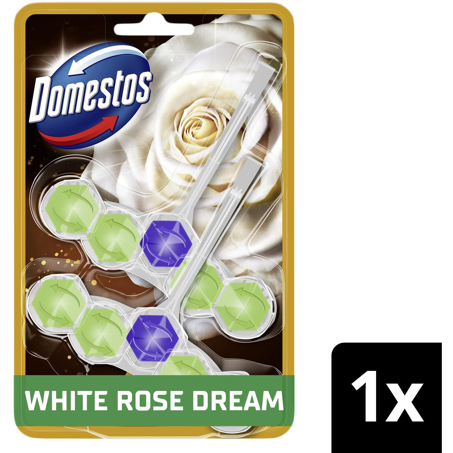 Domestos Aroma Lux WC frissítő blokk, White Rose Dream koncentrált illóolajokkal 2 × 50 g (8720182903952)